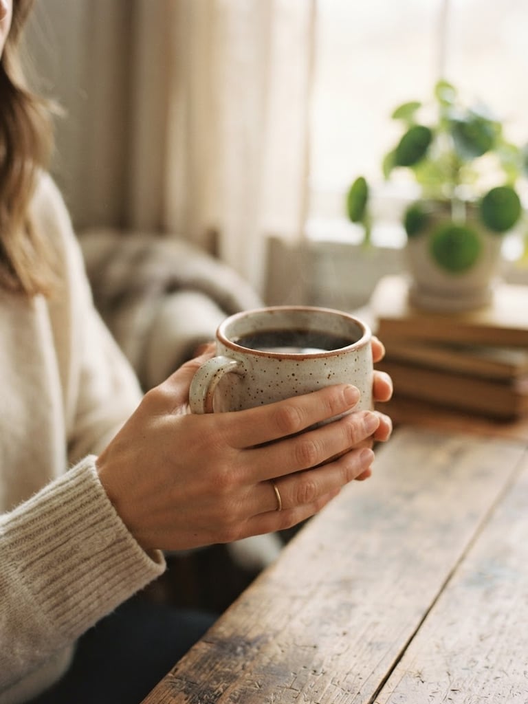 A hand holding a warm ceramic mug in soft morning light, cozy environment, low contrast, muted earthy tones
