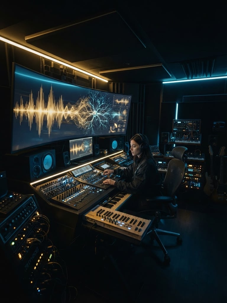 Cinematic wide shot of a dimly lit futuristic music studio, glowing gold soundwaves morphing into digital neural networks on screens, low-key lighting, 35mm