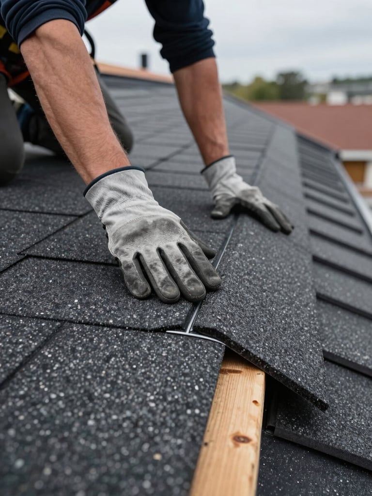 Close environmental shot from roof level showing a roofer's gloved hands pressing down asphalt shingles along a flashing seam, overcast daylight, raw timber decking visible at the edge, surrounding rooftop context in soft focus behind