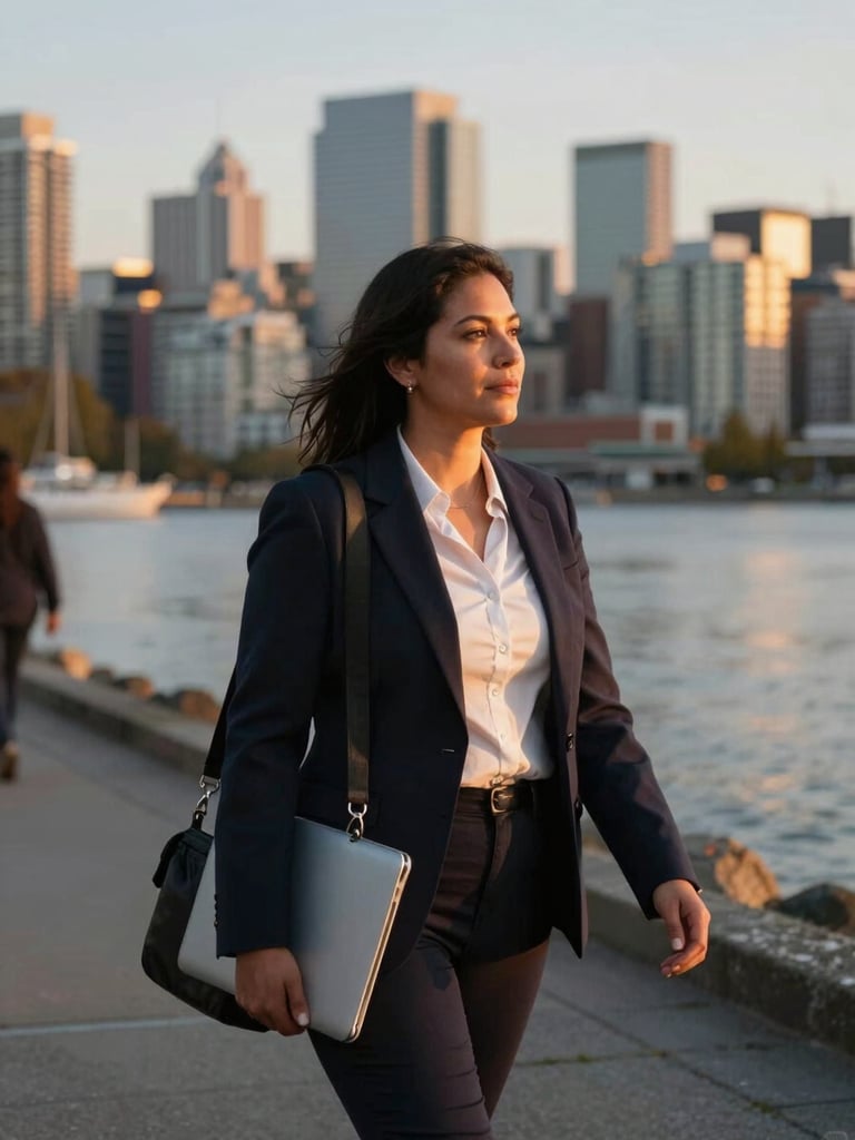 Medium shot of a Latin American professional woman in her early thirties walking along a Vancouver waterfront street at golden hour, laptop bag over one shoulder, city skyline visible in soft focus behind her, warm late-day light catching her profile, documentary street-photography framing