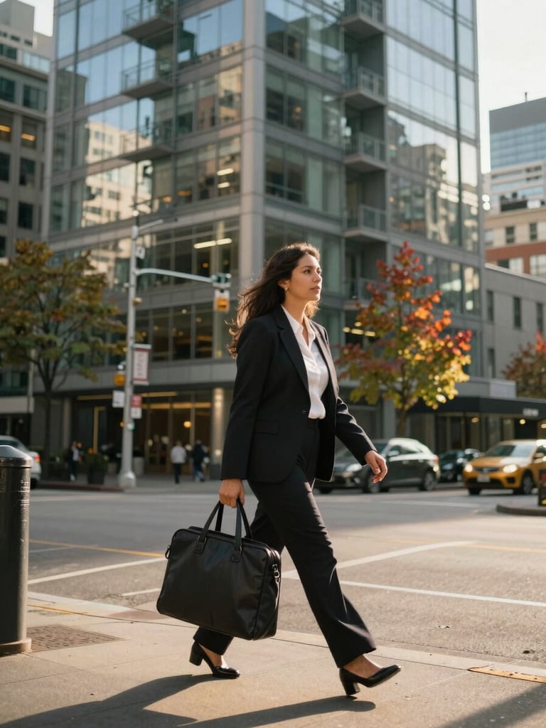 Close-up wide shot of a Vancouver street corner at golden hour, a Latina professional walking with a tote bag and laptop case, modern glass buildings and maple trees visible in the background, warm north-facing daylight, the perspective of someone navigating a new city for the first time