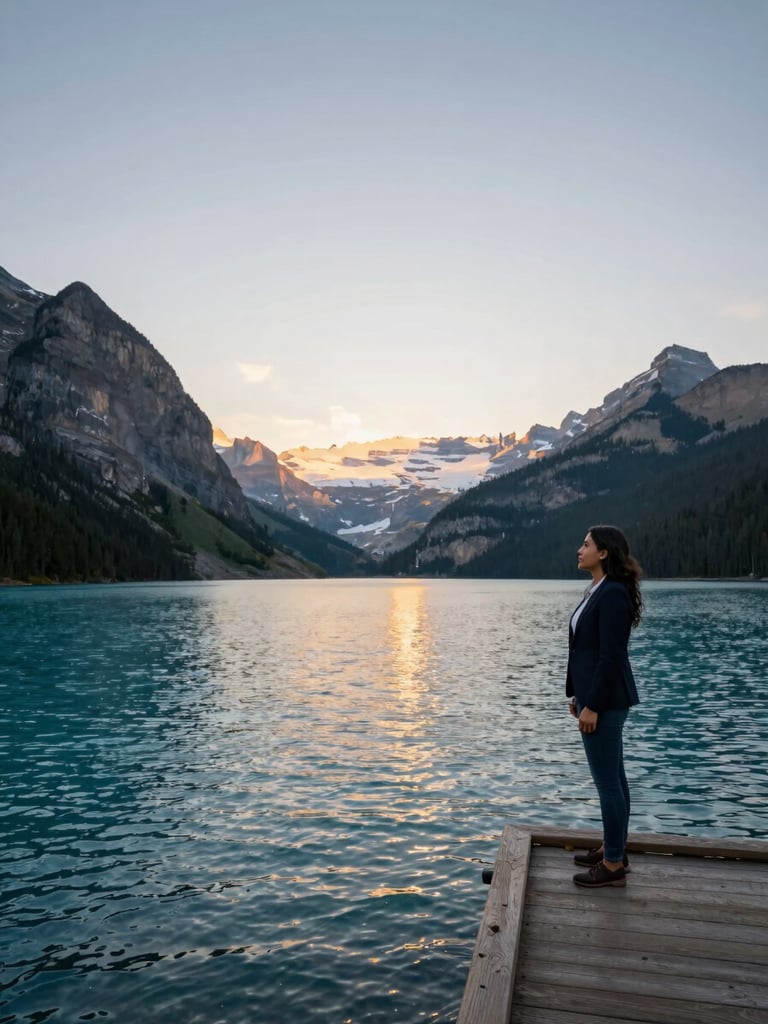 Wide panoramic shot arriving into Banff, Alberta — turquoise glacial lake stretching to the left, a Latina professional in her late twenties standing on a wooden dock to the right third, looking toward the mountains, golden late-afternoon light raking across the water surface, low horizon, generous open sky