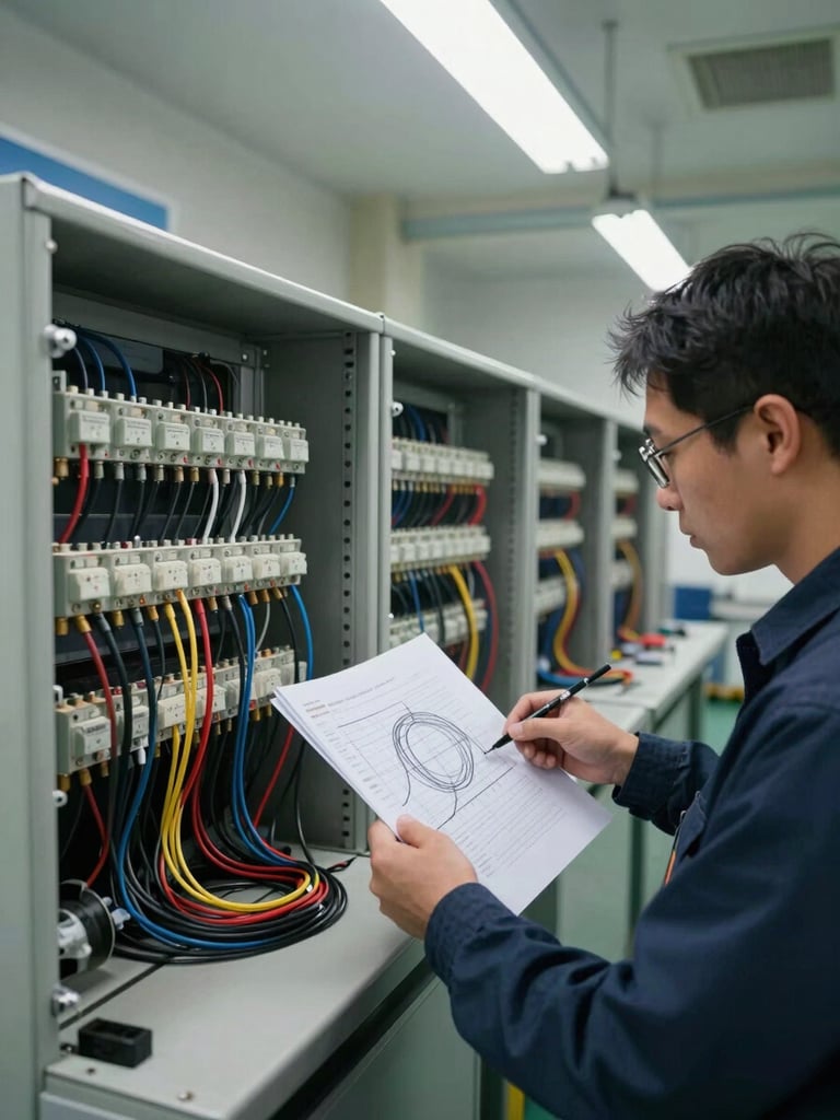 Wide shot of an instrument loop test in progress, engineer reviewing a loop diagram printout beside an open panel under controlled workshop fluorescent lighting, cables traced to field terminals