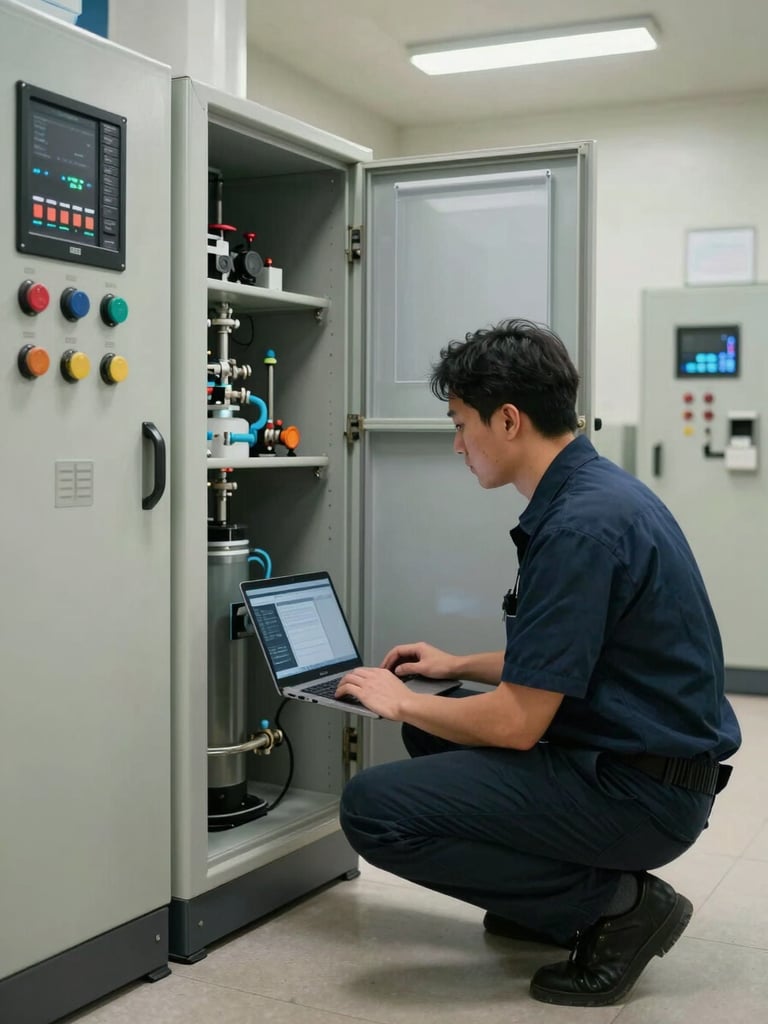 Technician crouching at an open panel door inside a water treatment control room, laptop connected for commissioning diagnostics, ambient fluorescent site lighting, active working posture, no face visible