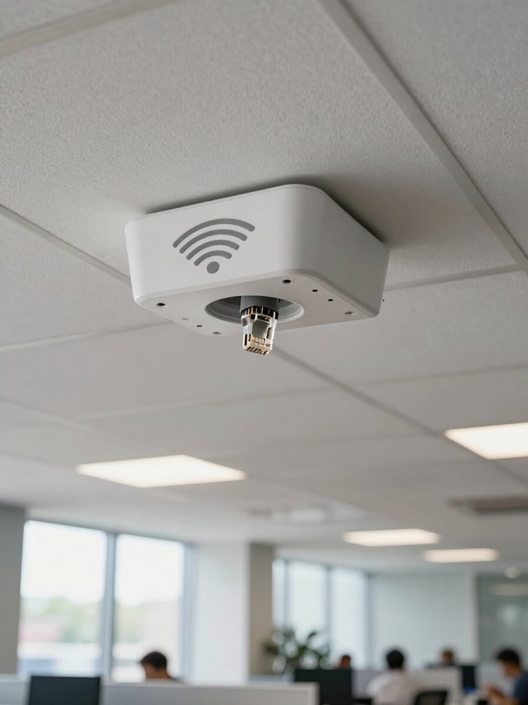 Wi-Fi access point mounted on a white suspended ceiling tile, Ethernet cable entering through a small conduit, wide environmental shot showing open office floor below, natural daylight from large windows