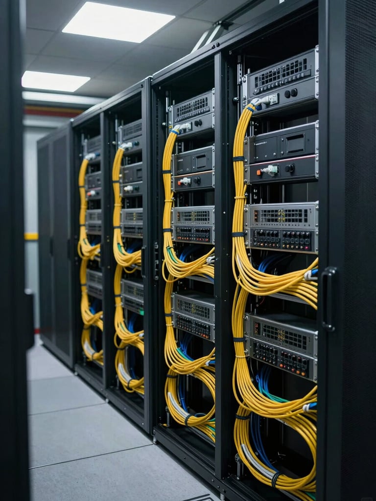 Wide environmental shot of a server room installation in progress, dense cable runs organized into a neat patch panel, overhead fluorescent light casting sharp shadows on structured cabling, full rack visible in background, no people