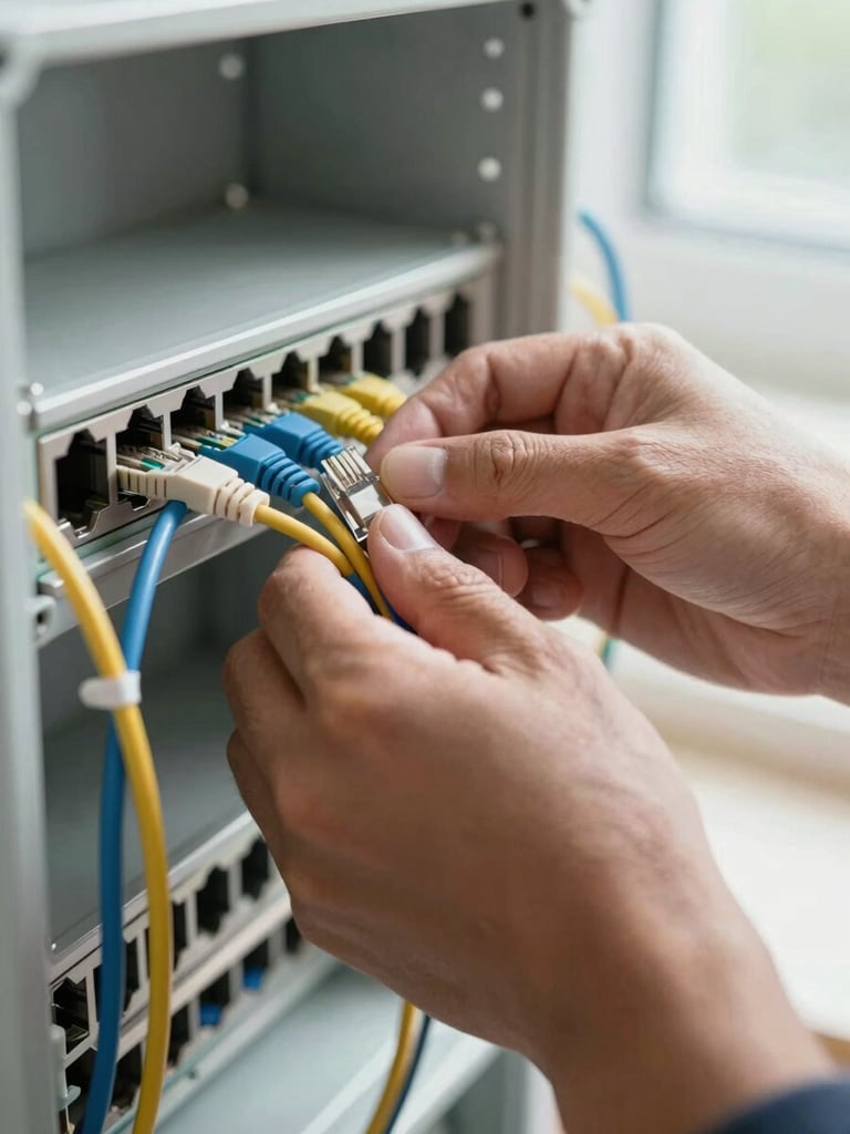 Close-up of a technician's hands routing and dressing ethernet cables into a wall-mounted network panel, natural daylight from a nearby window, cable ties visible mid-installation, clean cable runs in foreground