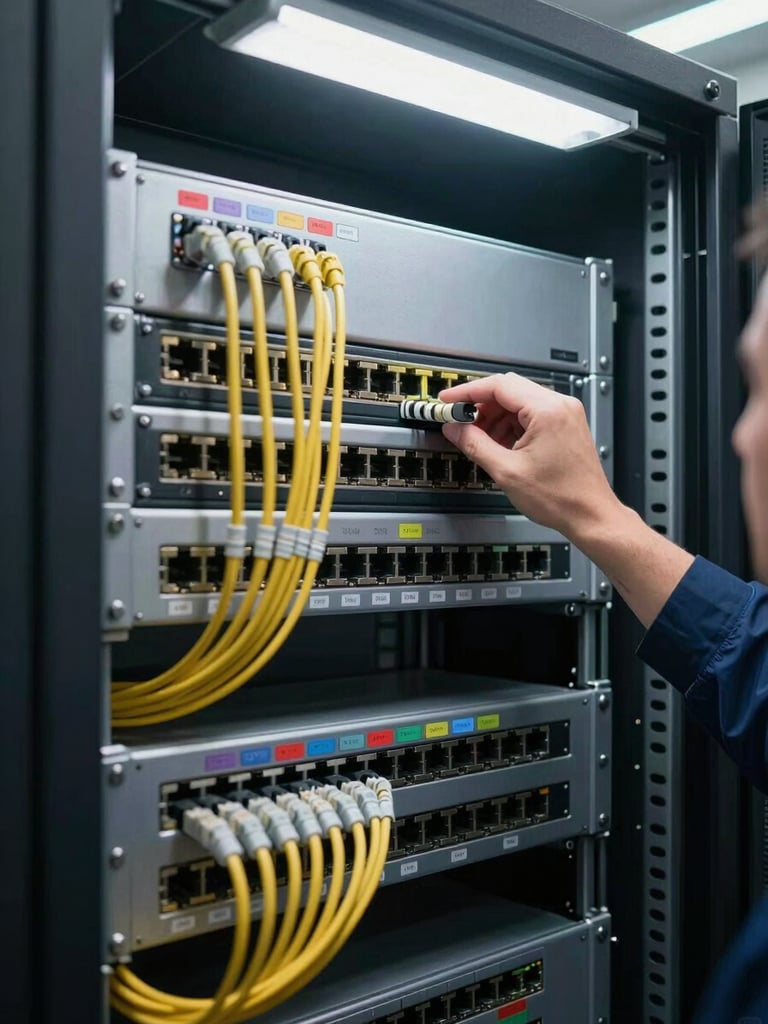 Overhead view of a network switch in an open rack cabinet, patch cables neatly dressed and labeled with colored tags, installer's hand tracing a cable run, fluorescent overhead lighting in a server closet