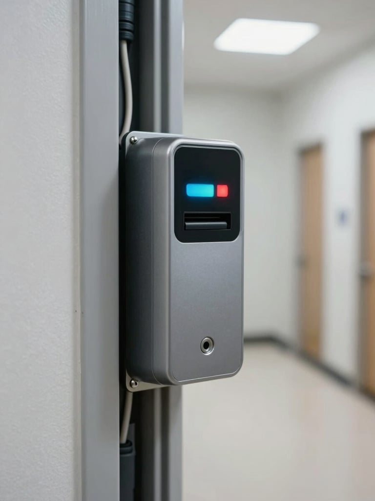 Access control card reader mounted flush on a door frame, wiring channel visible behind the unit, close-up showing LED indicator and card slot, clean interior corridor background, daylight from overhead