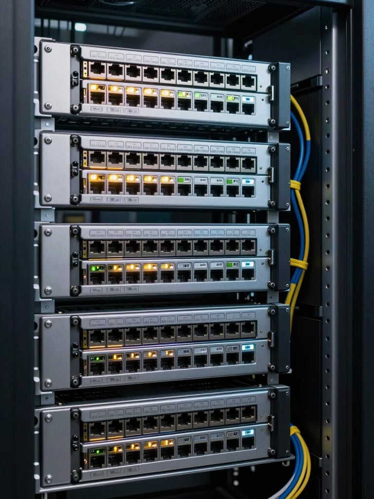 Close-up of server rack interior showing mounted 1U servers with front-panel drive indicators lit, cable management arm visible on the right, cool white lighting illuminating serial labels and port labels