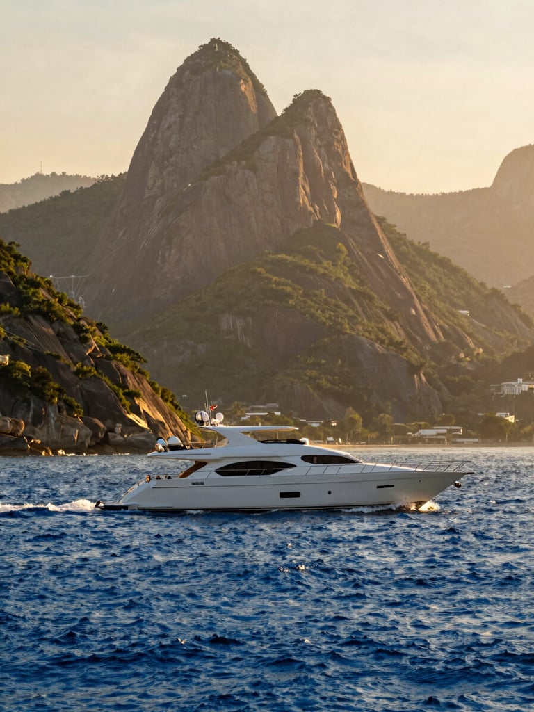 A warm golden-hour shot of a luxury yacht sailing near the dramatic cliffs of Rio de Janeiro, soft sunlight reflecting on the deep blue ocean, 35mm photography