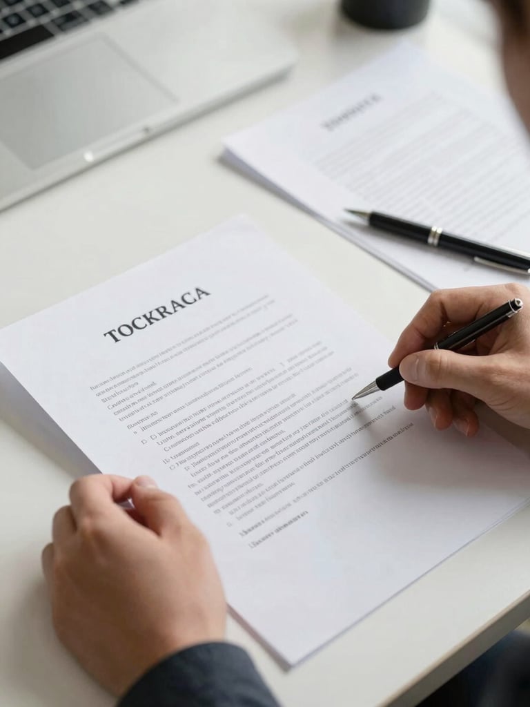 Close-up of two hands holding a printed contract on a clean office desk, natural daylight from the side, a pen resting nearby, papers slightly overlapping, neutral background suggesting a professional but accessible workspace