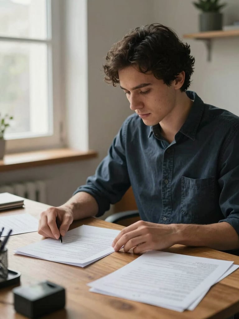 Medium shot of a small business owner seated at a wooden desk in a modest office, reviewing printed documents under soft natural daylight from a window to the left, hands resting on papers, face turned slightly downward in focused reading, warm but unposed atmosphere