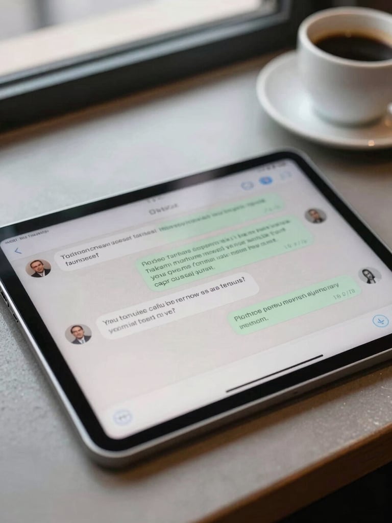 Overhead close-up of a tablet lying on a café counter showing an open chat interface with a short conversation — customer question visible, automated reply below it, daylight from a window above, coffee cup blurred in the background, clean and functional feel