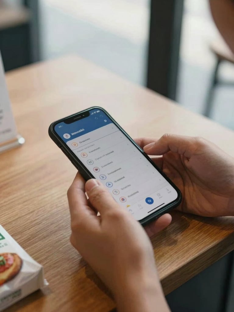 Close-up overhead view of hands completing a mobile checkout on a smartphone screen, order confirmation visible on display, placed on a wooden retail counter under diffused north-facing window light, a product package partially visible at the frame edge