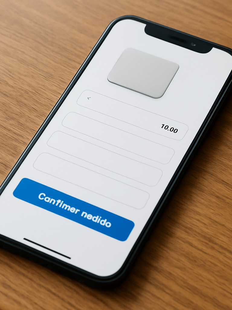 Close-up overhead view of a smartphone displaying an active product checkout page — item in cart, payment fields visible, 'Confirmar pedido' button prominent — resting on a wooden retail counter, natural overcast window light from the left, no shadows, clean and functional