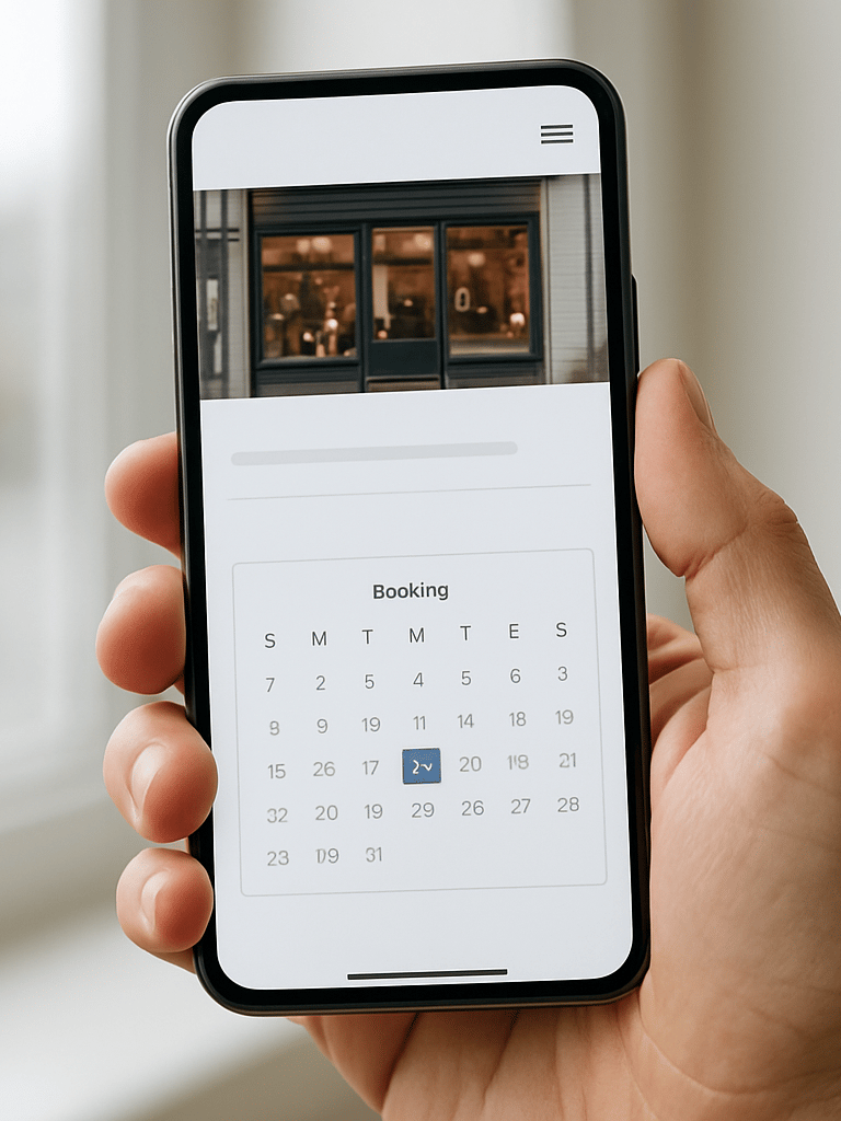 Close-up of a smartphone held in one hand displaying a local business website homepage with a booking calendar visible on screen, overcast daylight from a window behind, clean white background of the device interface clearly legible