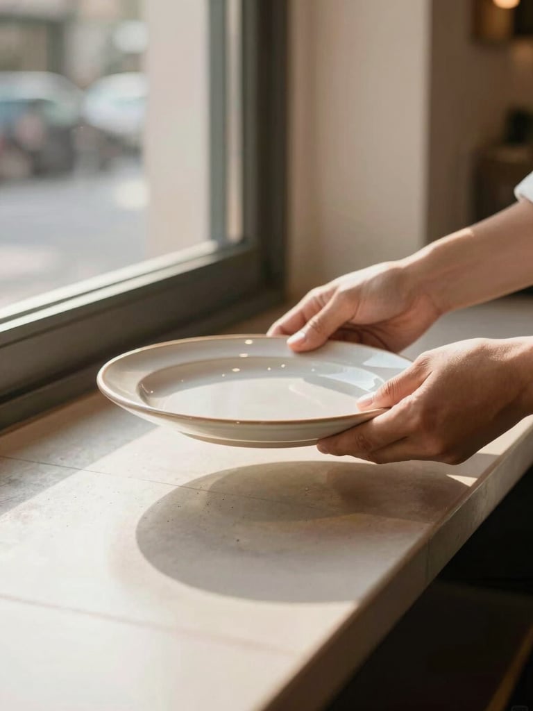 Close-up wide shot of a restaurant service counter under north-facing window light, hands placing a ceramic plate on the pass, warm daylight from the left, clean tiled surface visible in the foreground, no staff faces shown