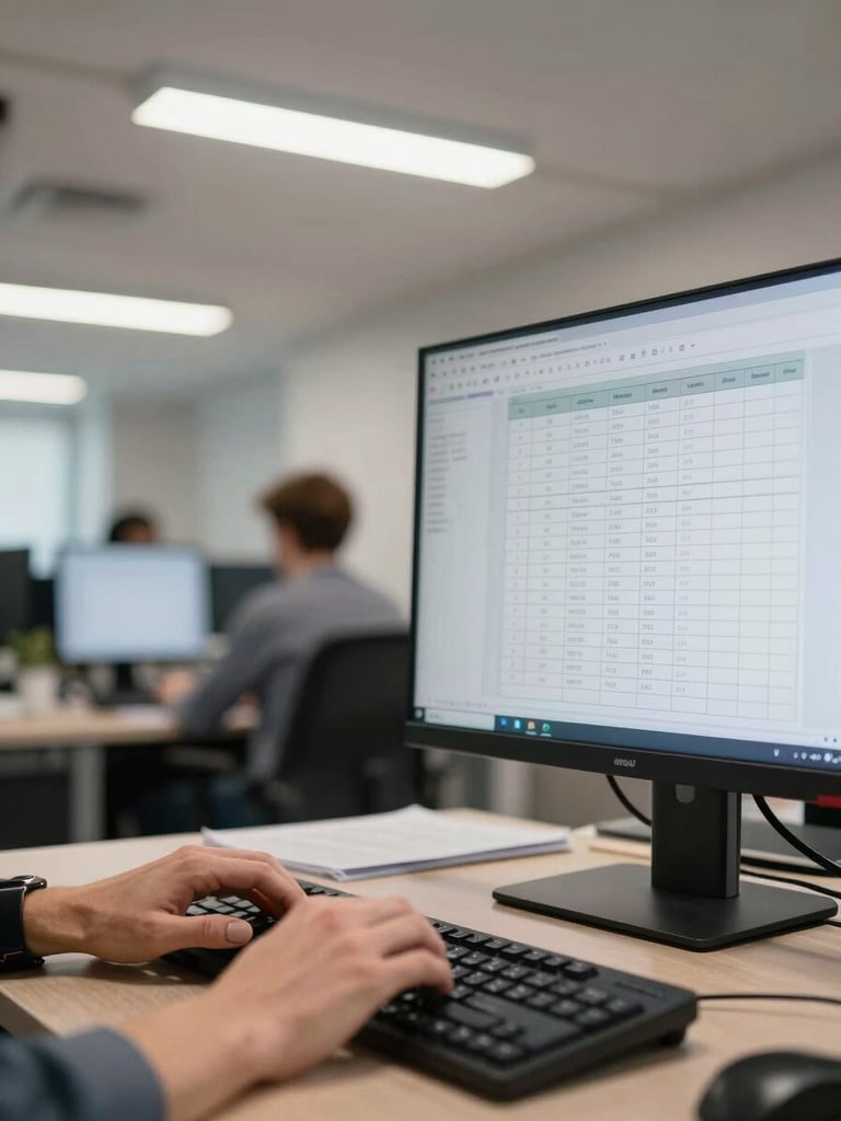 Wide documentary frame of an open-plan office under overhead fluorescent light, a manager's hands resting on a keyboard in the foreground, a printed access roster visible on the desk beside the monitor, coworkers blurred in background, no staging
