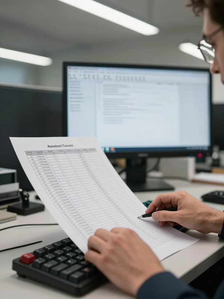 Wide documentary shot, a manager's hands on a mechanical keyboard reviewing a printed access list under cool overhead office fluorescent light, monitor screen visible in background showing a sparse admin interface, no staging