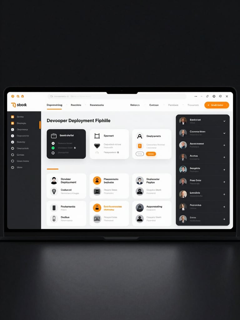Straight-on clean UI mockup of a developer deployment pipeline dashboard, stark monochrome interface with sharp orange accents, high-contrast studio lighting