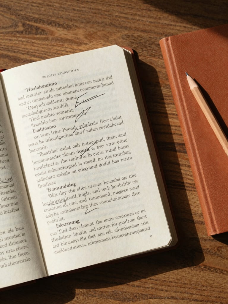 Close-up overhead flat-lay of an open manuscript on a wooden literary desk, editing marks in pencil, a terracotta-spined notebook beside it, soft north-facing daylight raking across the pages