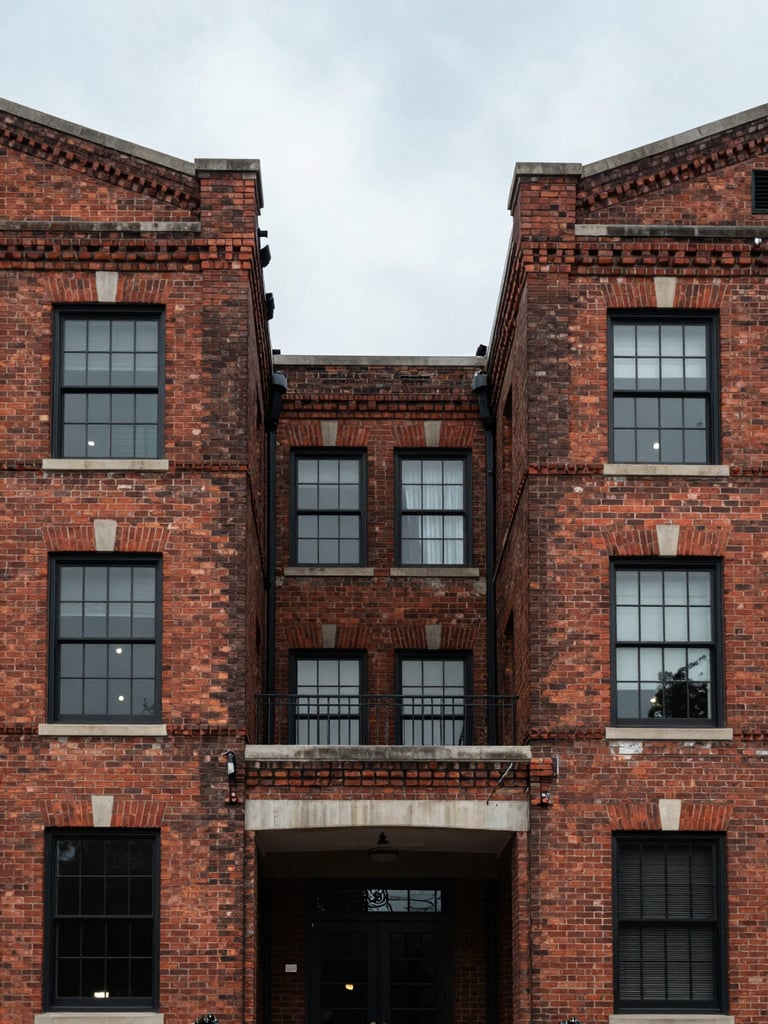 Symmetrical architectural shot of a historic brick industrial building facade in North Charleston, clean lines, overcast light, high contrast.