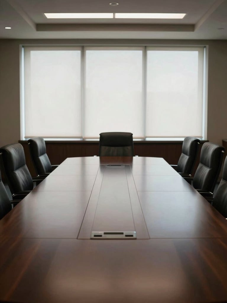 Symmetrical architectural shot of a quiet corporate boardroom, dark wood table, empty leather chairs, soft window light, solemn atmosphere.