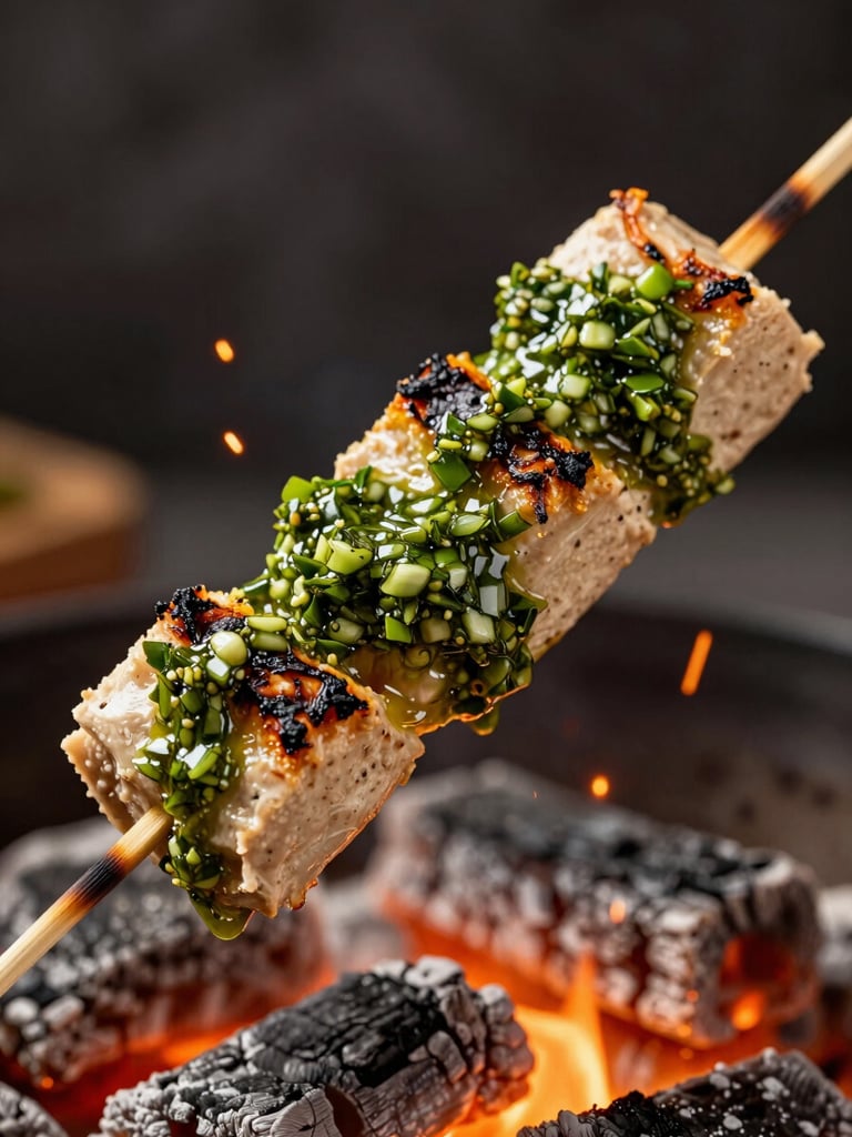 Macro close-up of a plant-based protein skewer charred over open flame, dripping with fresh green chimichurri sauce, sparks flying from hot embers, dark moody background.