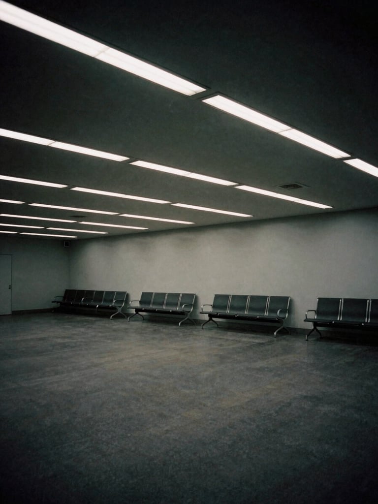 A low-angle shot of an endless, empty modern waiting room with stark fluorescent glare, dramatic long shadows, minimalist composition