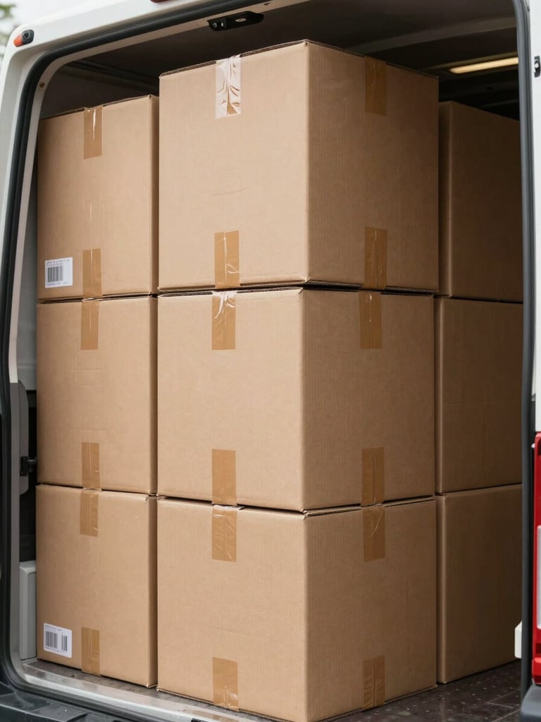 A stack of heavy-duty cardboard boxes neatly taped and labeled inside a clean, brightly lit moving truck, showing systematic organization.