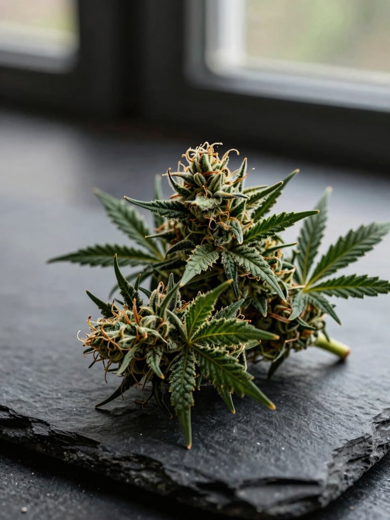 Macro close-up of beautifully manicured cannabis flower buds resting on a dark slate surface, moody natural window light with deep shadows, rich forest green tones