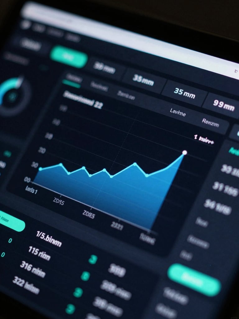 Close-up of a dark mode dashboard interface, electric blue charts, mint green accents, high contrast, cool screen glow, 35mm
