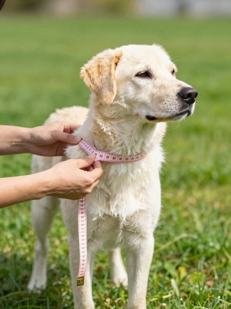 Vibrant editorial pet photography of a calm dog standing in profile, gentle hands wrapping a soft measuring tape around its chest, bright natural daylight, cheerful saturated tones, shallow depth of field.