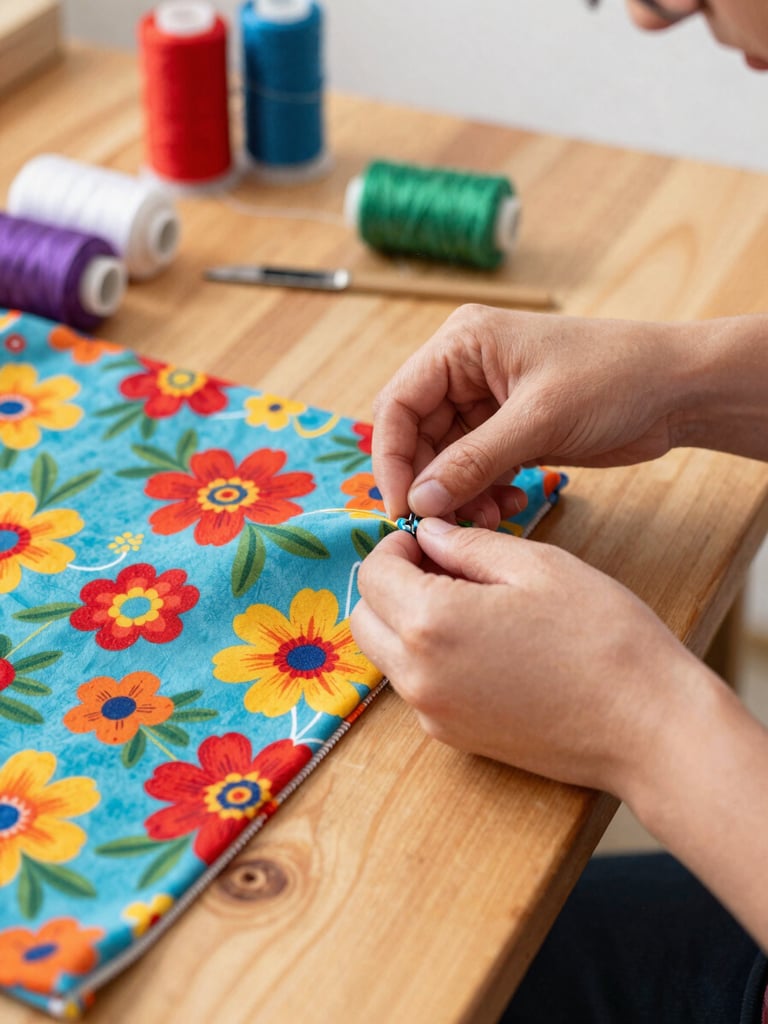 Close-up of hands carefully sewing a colorful floral pet fabric on a wooden table in a bright, warm workshop in Guanajuato