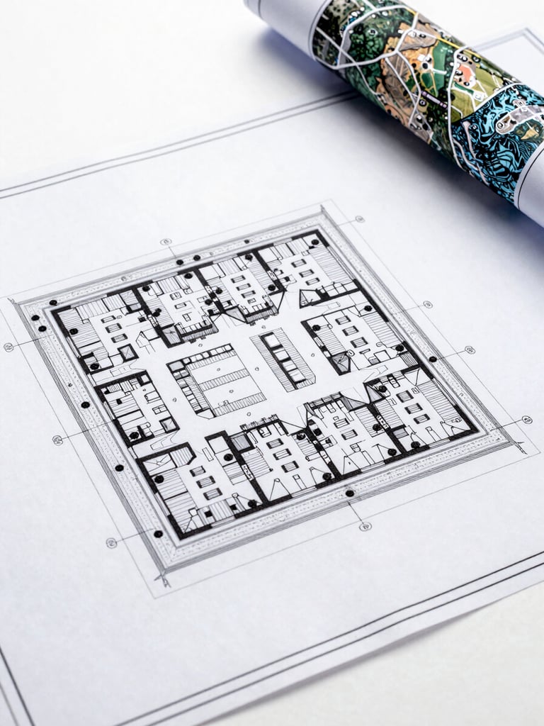Sharp architectural blueprint of a commercial site plan, crisp studio lighting, cool-toned technical photography, 35mm