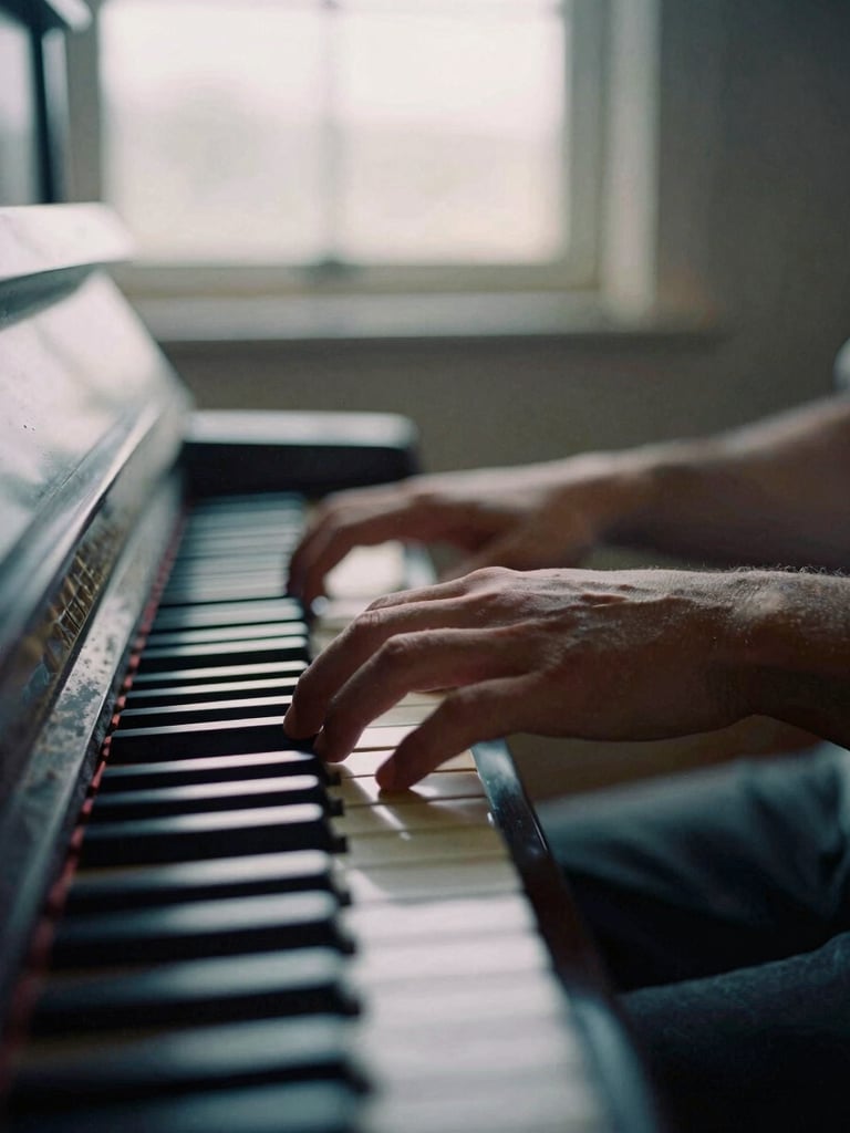Moody close-up of hands resting on the keys of an old felted upright piano, soft twilight window light filtering through dust motes, 35mm film photography.