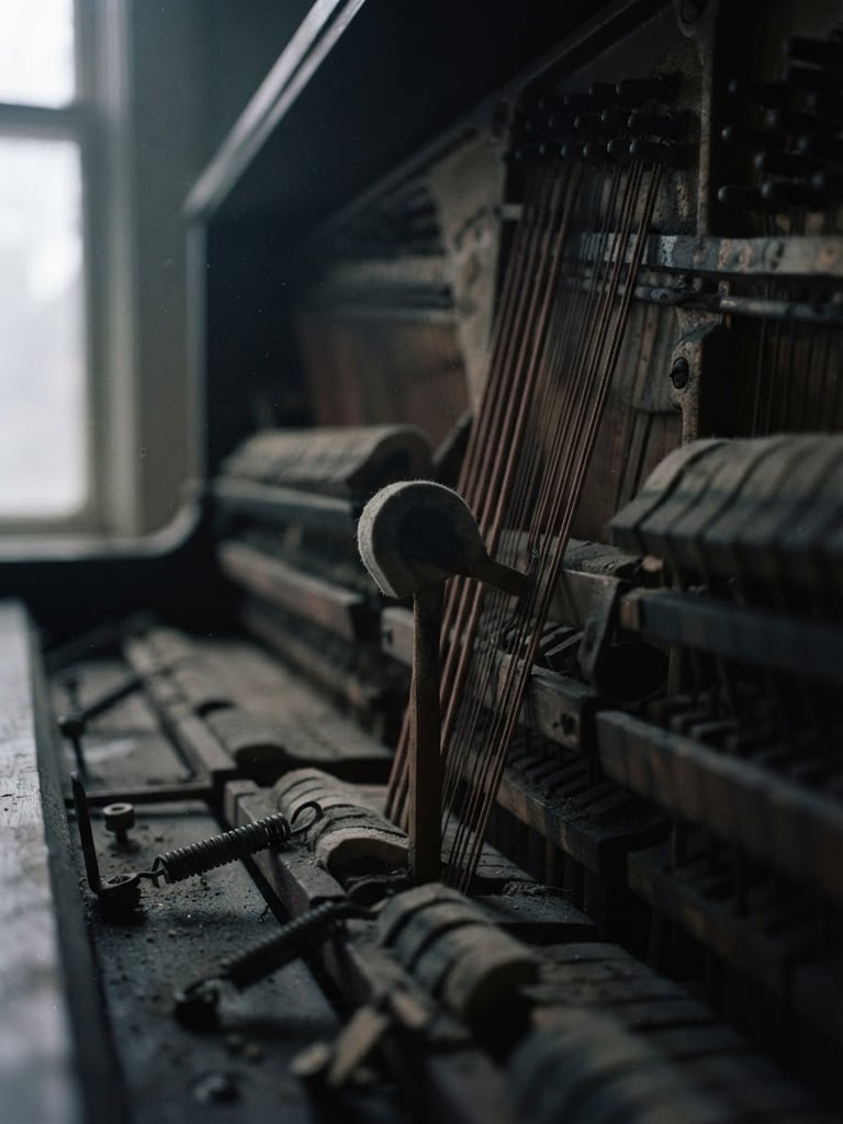 Extreme close-up of the interior of a felted upright piano, moody twilight window light filtering through dust, shallow depth of field, 35mm film photography