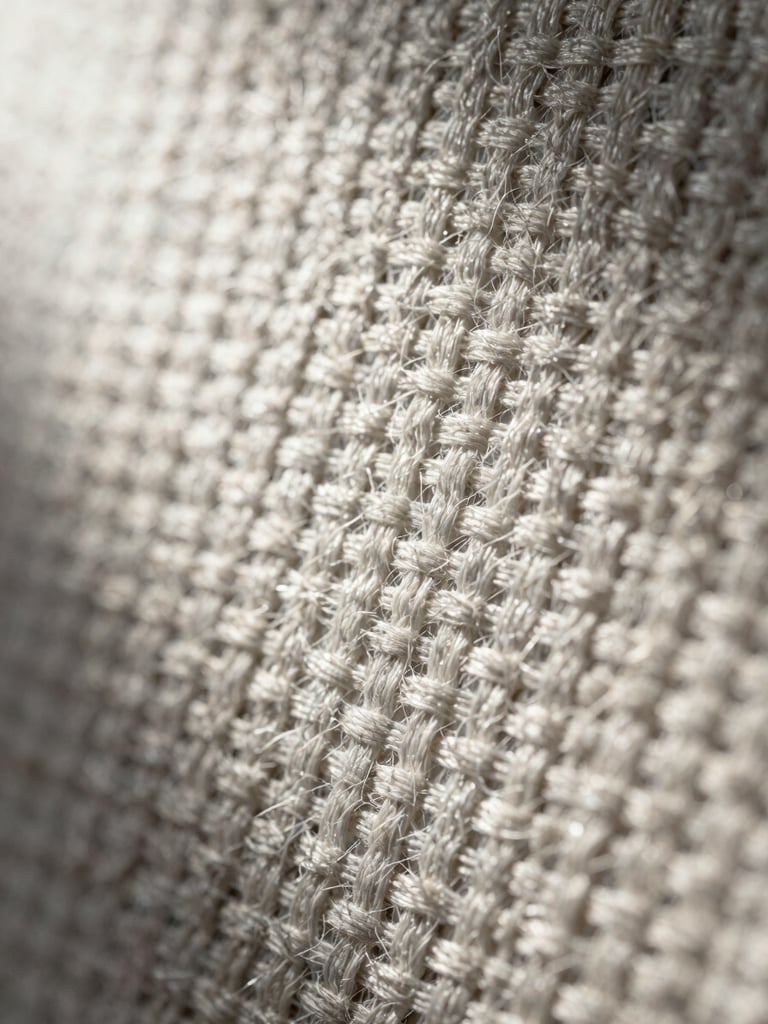 Extreme macro close-up of a dense technical textile weave, raking cool studio strobe light from upper left revealing individual thread interlacing and fiber texture, neutral off-white and slate grey tones, sharp focus edge-to-edge, no depth-of-field blur