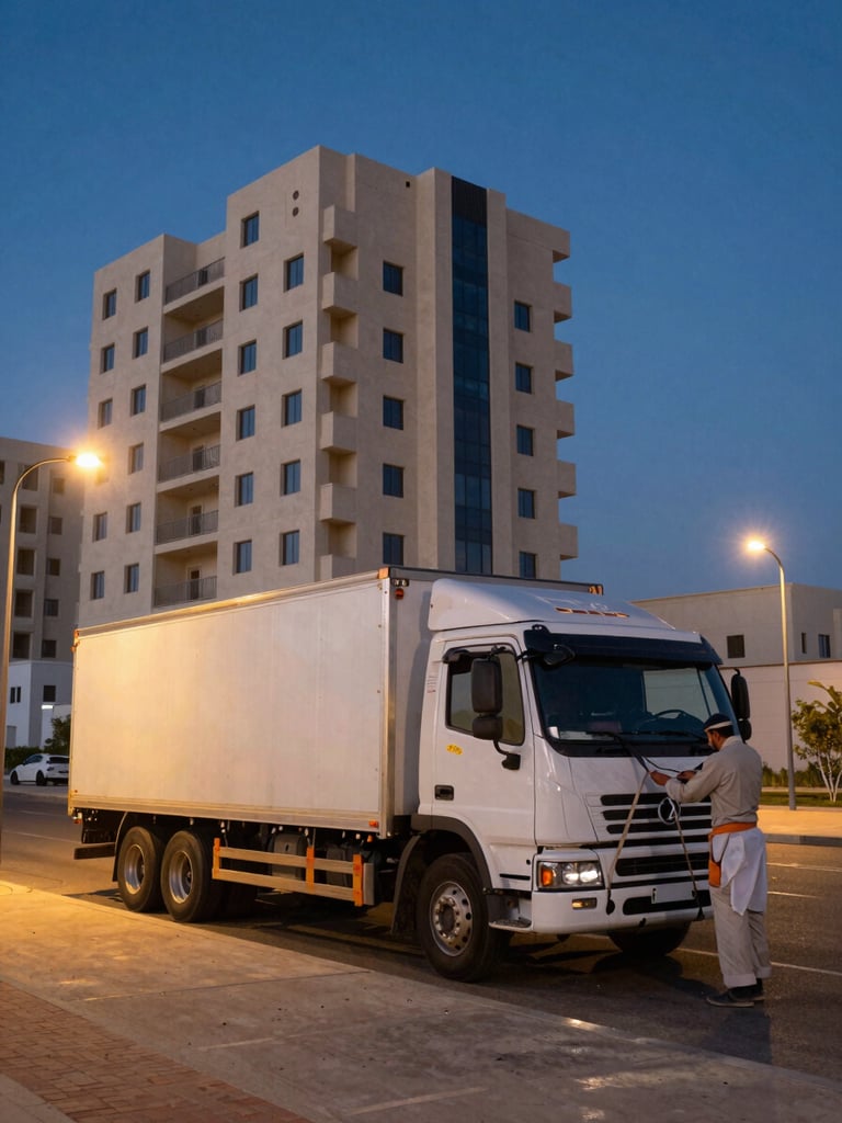 Wide environmental shot, natural predawn light, a fully loaded moving truck parked beside a mid-rise residential building in Abu Dhabi, crew member securing cargo straps on the truck bed, street lamps casting amber pools on the pavement, deep blue sky overhead, no people posing