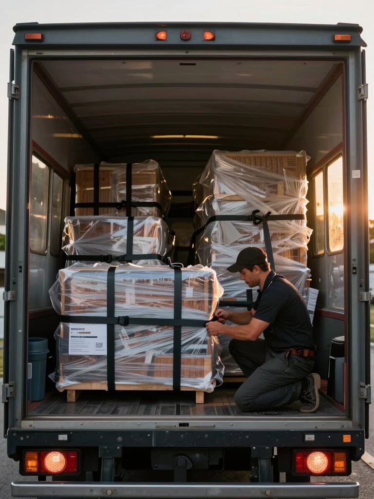 Environmental wide shot inside a loaded moving truck, crew member kneeling to tighten cargo straps over wrapped furniture pieces, golden morning light streaming through open truck doors, organized load visible in background