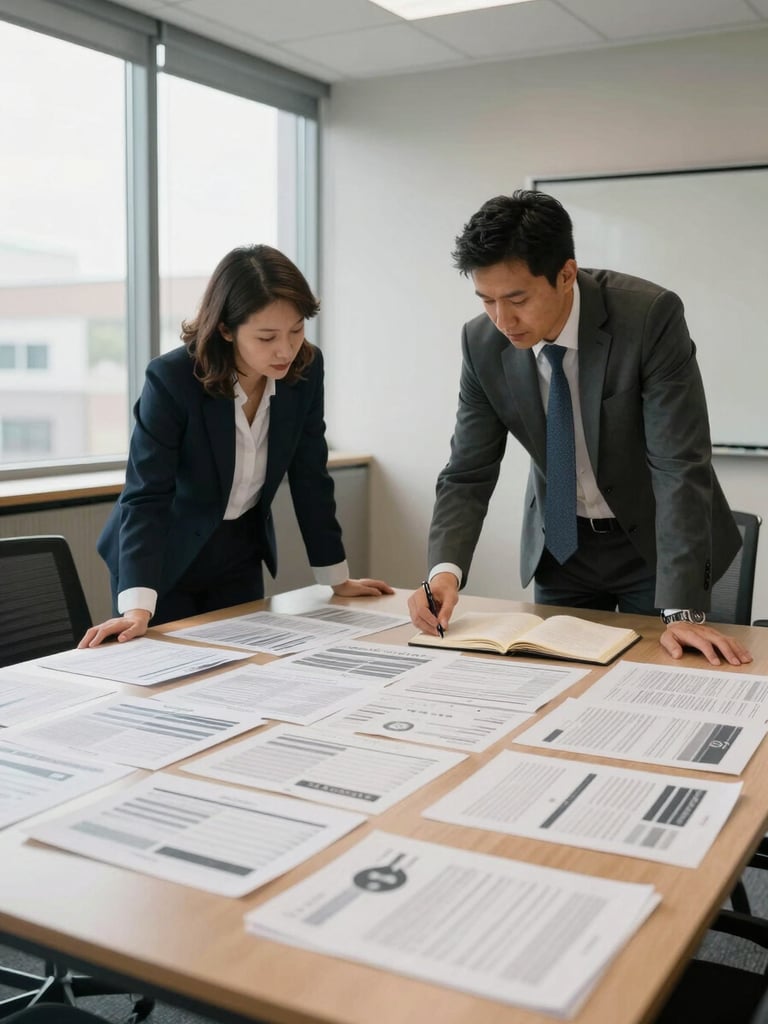 Wide environmental shot of a corporate meeting room mid-session, two professionals leaning over a table covered with printed reports and open notebooks, natural daylight from a large window illuminating the documents, shot from a slight angle showing depth of room, no posed expressions