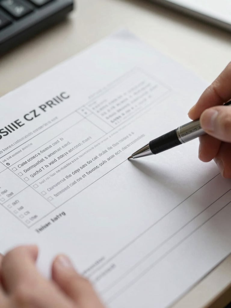 Close detail shot of a printed diagnostic worksheet on a desk, a pen resting on a completed section, hands partially visible at the edge of frame, soft office daylight from the side, no faces, emphasis on the document and the act of measurement