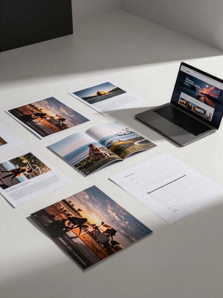 Wide overhead flat-lay on a clean studio surface: printed campaign spreads, a laptop showing a web interface, and a projection study sheet arranged in a precise grid — studio lighting, sharp shadows, no people