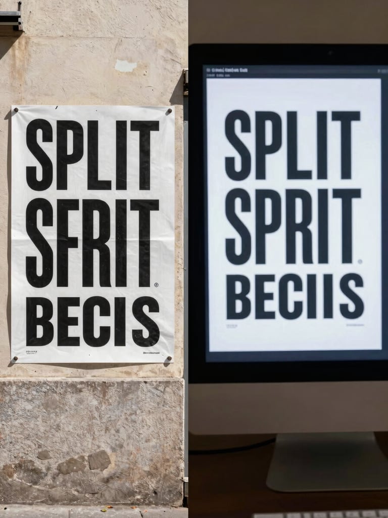 Split-frame documentation of a single campaign: left half shows the printed poster installed on a street wall in daylight, right half shows the same typographic system live on a desktop monitor — both captured in one wide photograph, natural light on the left, screen glow on the right, no people, sharp focus on the design across both surfaces
