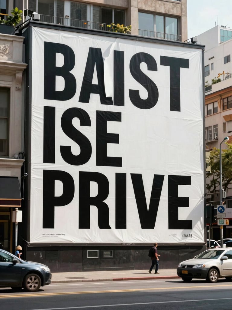 Wide shot of a large-format outdoor campaign printed on a building façade in an urban street, bold typographic poster design visible in full, natural daylight, traffic and city context visible at edges, camera wide and slightly low showing full environmental scale