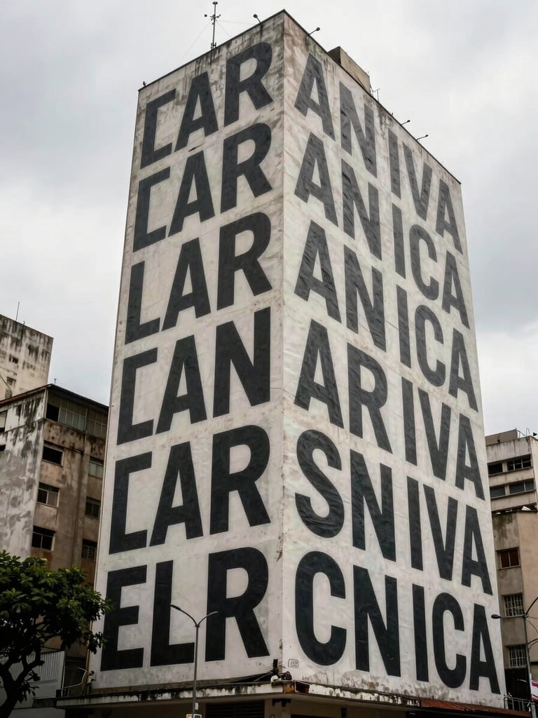Wide architectural wall in an urban Brazilian setting, a large-scale typographic campaign printed directly onto the facade, shot from street level with natural overcast daylight, the letterforms filling the right two-thirds of the frame, building context visible to the left