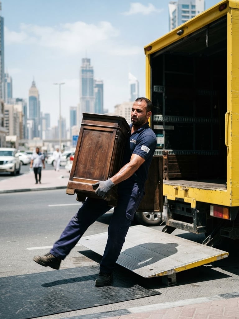 A professional uniform-wearing crew member lifting a heavy wooden cabinet into a clean yellow transport truck in Dubai, bright midday sunlight, high-contrast action shot, sharp focus, 35mm