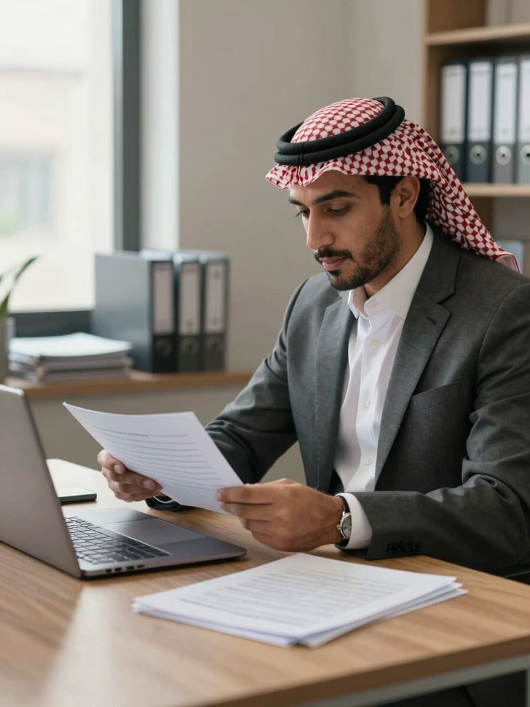 Medium shot of an HR practitioner at a structured desk in a Saudi office, reviewing printed documents and a laptop screen side by side under controlled natural window light from the left, focused intentional posture, organized files visible in background, neutral professional environment