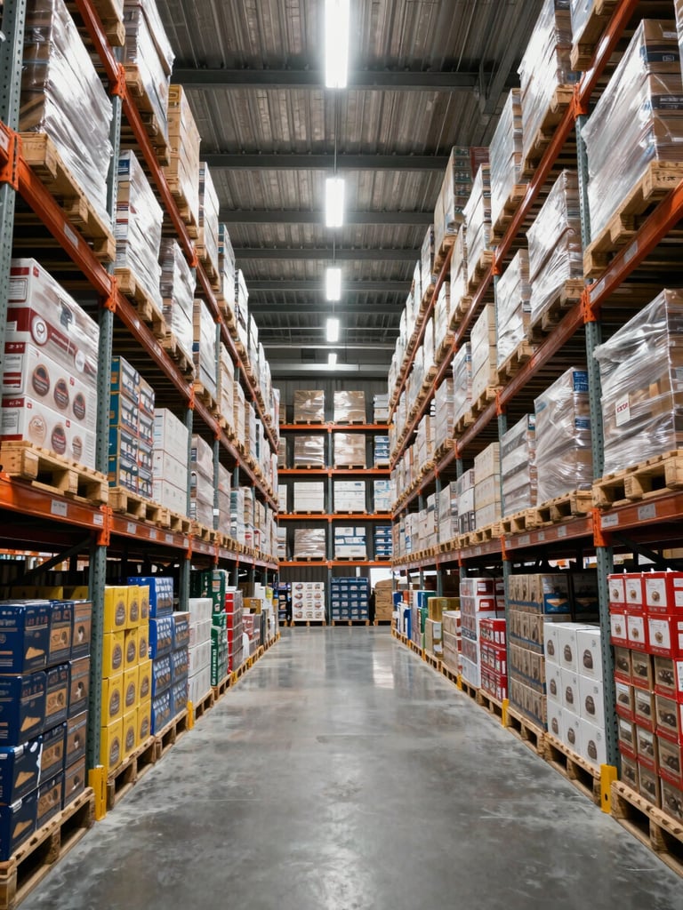 Wide panoramic view inside a large fulfillment warehouse, towering shelving units loaded with palletized branded product running to the far wall, cool even overhead industrial lighting, shot from ground level looking down a long center aisle toward the far end, no people